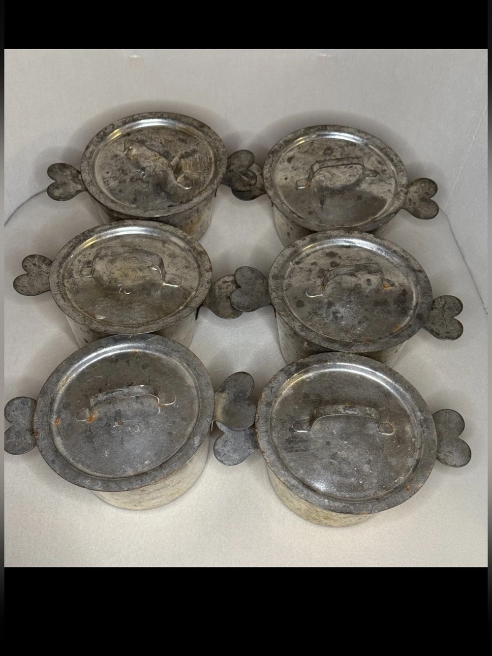6 Vintage French Charlotte #10 Tin Pots with Heart Handles | Made in France